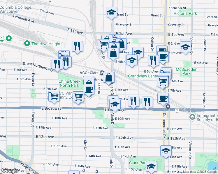 map of restaurants, bars, coffee shops, grocery stores, and more near 2285 Clark Drive in Vancouver