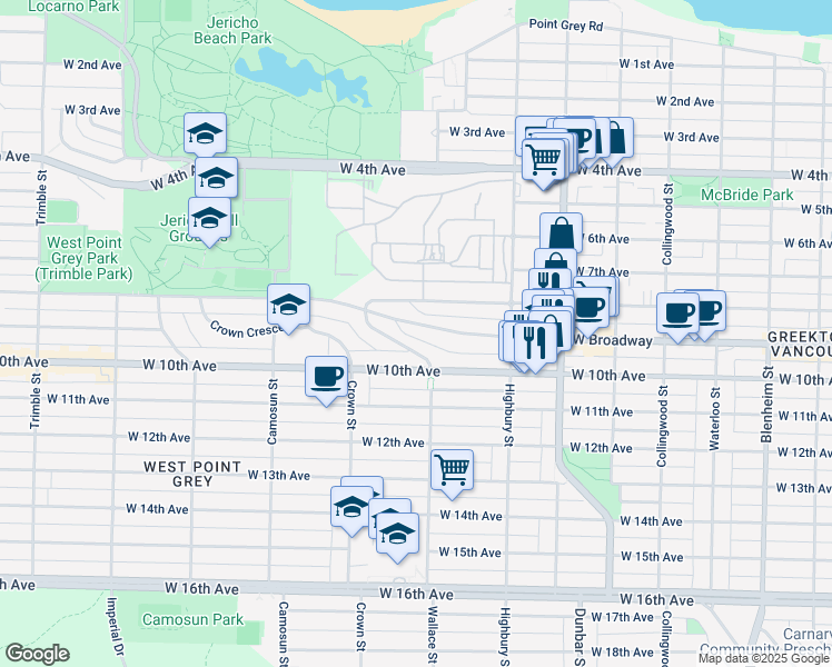 map of restaurants, bars, coffee shops, grocery stores, and more near 3920 West Broadway in Vancouver