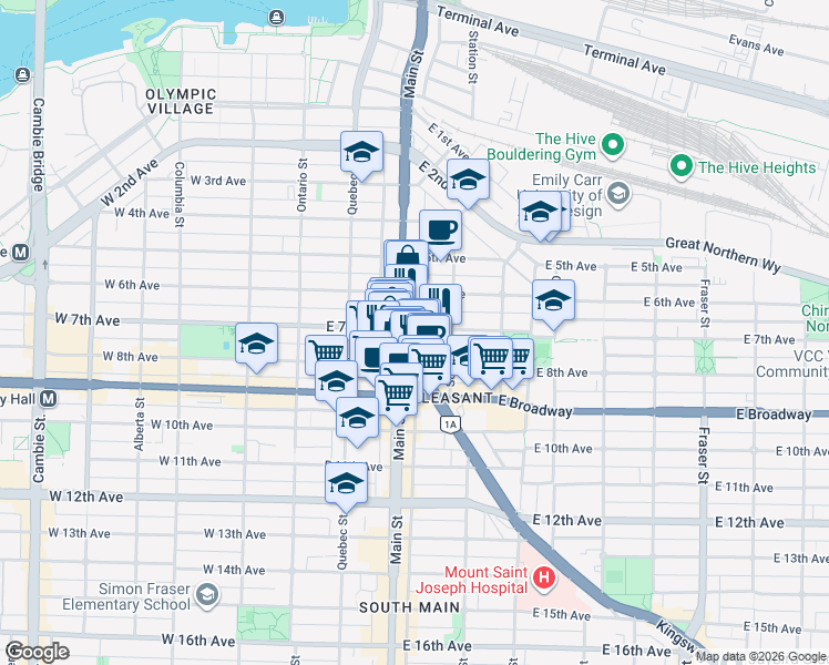 map of restaurants, bars, coffee shops, grocery stores, and more near 228 East 7th Avenue in Vancouver
