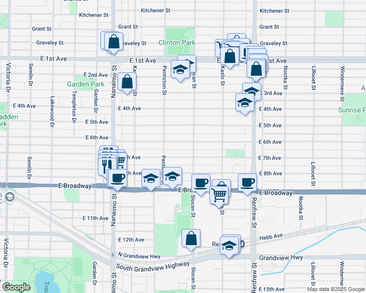 map of restaurants, bars, coffee shops, grocery stores, and more near in Vancouver