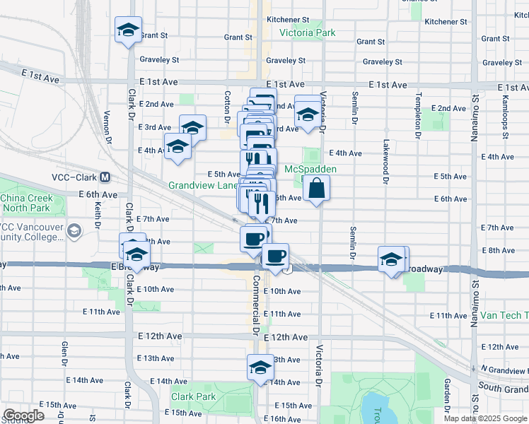 map of restaurants, bars, coffee shops, grocery stores, and more near in Vancouver