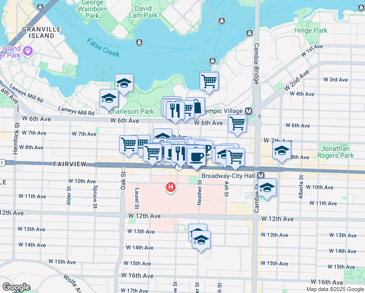 map of restaurants, bars, coffee shops, grocery stores, and more near in Vancouver