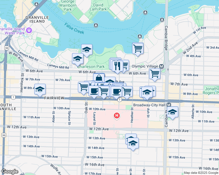 map of restaurants, bars, coffee shops, grocery stores, and more near 848 West 8th Avenue in Vancouver
