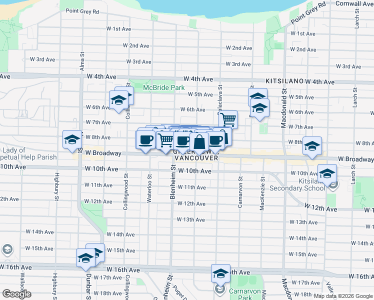 map of restaurants, bars, coffee shops, grocery stores, and more near 3263 West Broadway in Vancouver