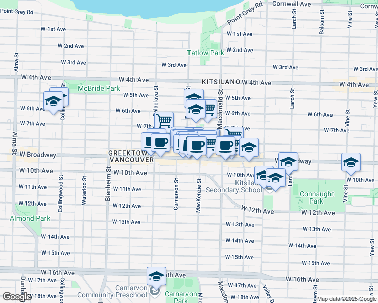 map of restaurants, bars, coffee shops, grocery stores, and more near 2468 Bayswater Street in Vancouver