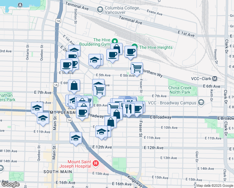 map of restaurants, bars, coffee shops, grocery stores, and more near 517 East 7th Avenue in Vancouver