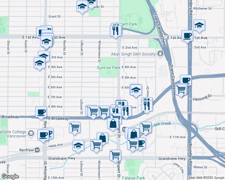 map of restaurants, bars, coffee shops, grocery stores, and more near 3280 East 6th Avenue in Vancouver