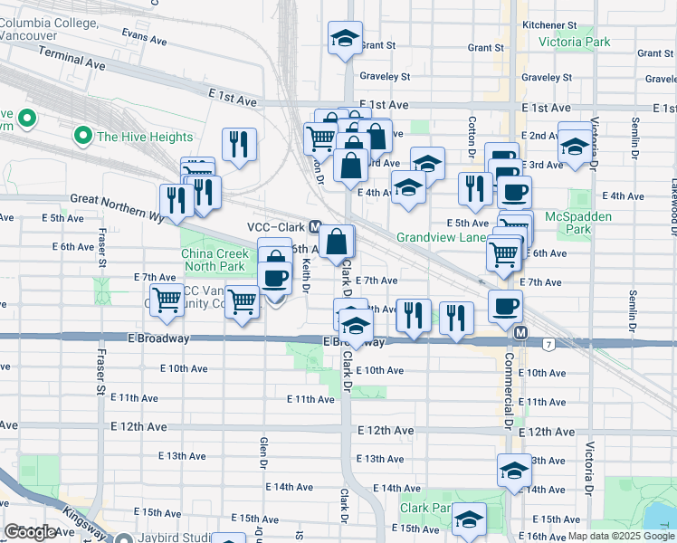 map of restaurants, bars, coffee shops, grocery stores, and more near 2285 Clark Drive in Vancouver