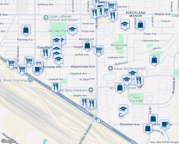 map of restaurants, bars, coffee shops, grocery stores, and more near 1543 Chadwick Avenue in Port Coquitlam