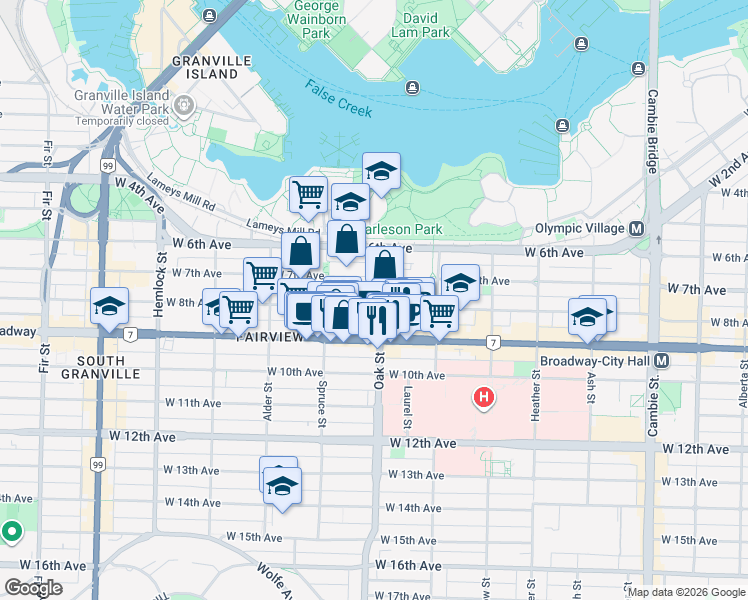 map of restaurants, bars, coffee shops, grocery stores, and more near 2391 Oak Street in Vancouver