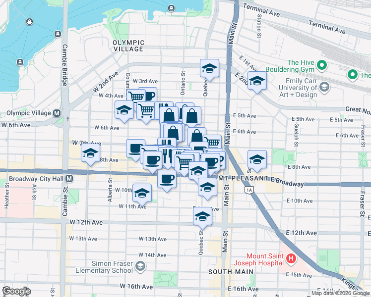 map of restaurants, bars, coffee shops, grocery stores, and more near 12 East 7th Avenue in Vancouver