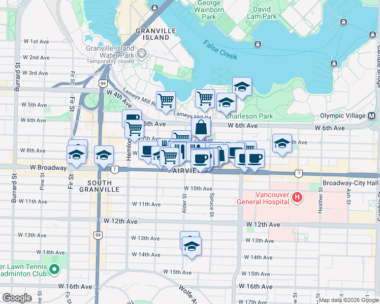 map of restaurants, bars, coffee shops, grocery stores, and more near 1195 West 8th Avenue in Vancouver