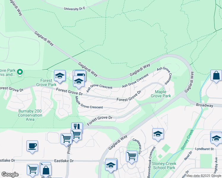 map of restaurants, bars, coffee shops, grocery stores, and more near 8850 Larkfield Drive in Burnaby