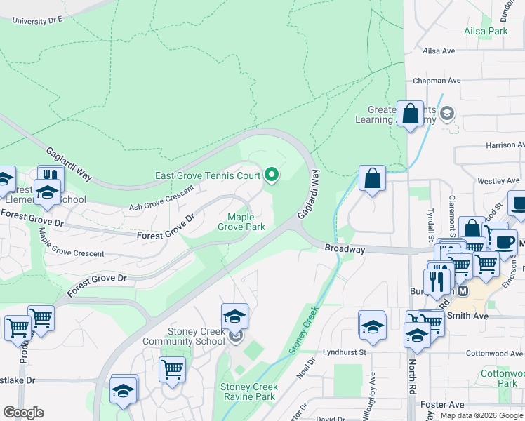map of restaurants, bars, coffee shops, grocery stores, and more near 9101 Forest Grove Drive in Burnaby