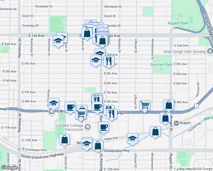 map of restaurants, bars, coffee shops, grocery stores, and more near 2916 East 6th Avenue in Vancouver