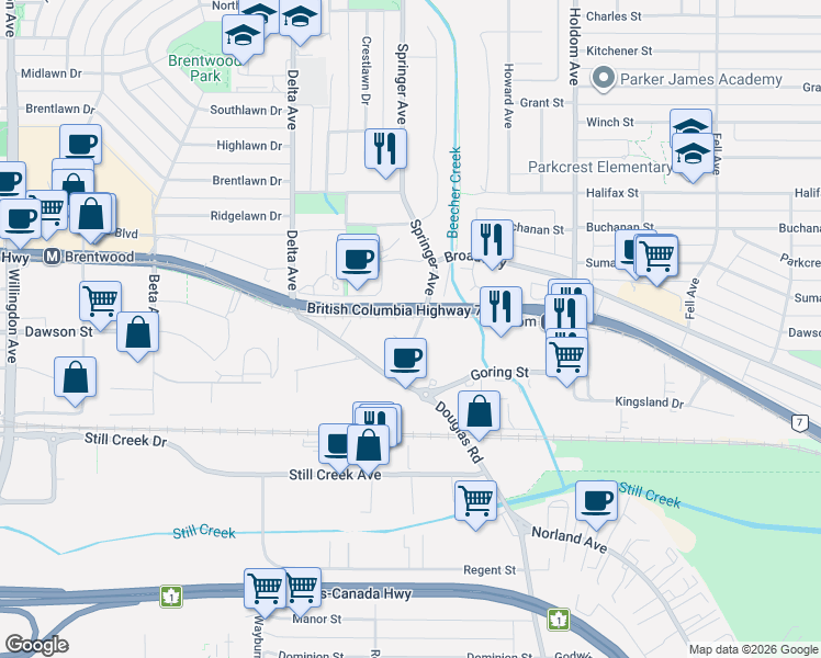 map of restaurants, bars, coffee shops, grocery stores, and more near in Burnaby