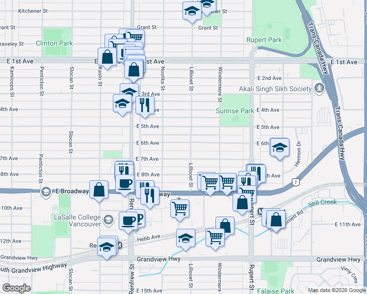 map of restaurants, bars, coffee shops, grocery stores, and more near 3078 East 6th Avenue in Vancouver