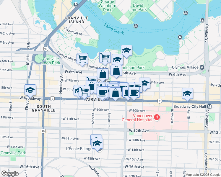 map of restaurants, bars, coffee shops, grocery stores, and more near 2622 Spruce Street in Vancouver