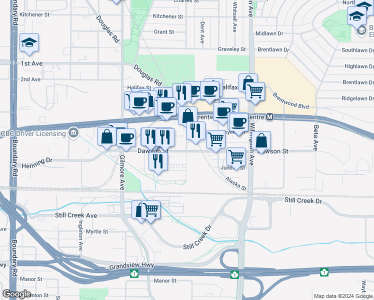 map of restaurants, bars, coffee shops, grocery stores, and more near 2088 Madison Avenue in Burnaby