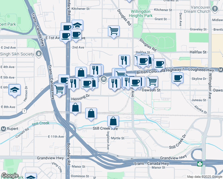 map of restaurants, bars, coffee shops, grocery stores, and more near 3989 Henning Drive in Burnaby