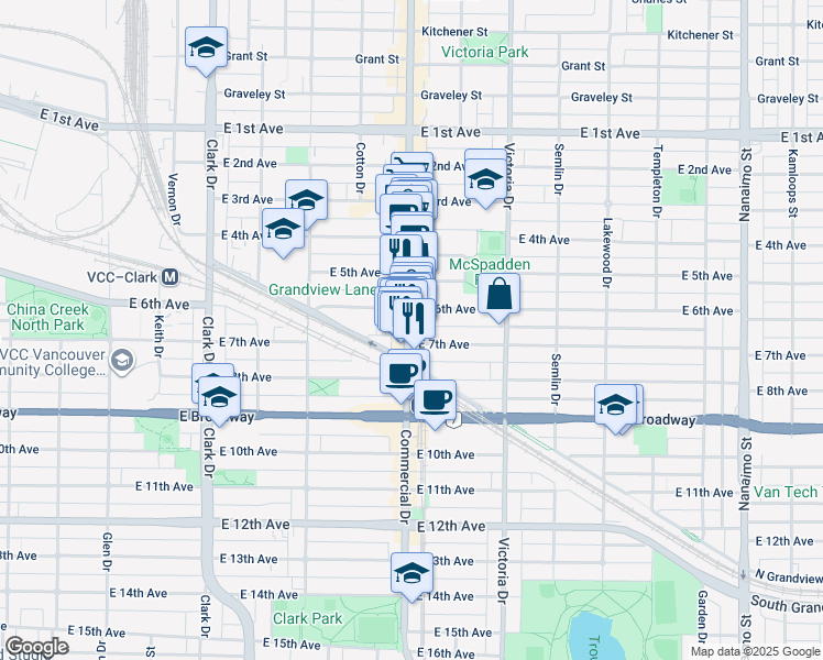 map of restaurants, bars, coffee shops, grocery stores, and more near 2250 Commercial Drive in Vancouver