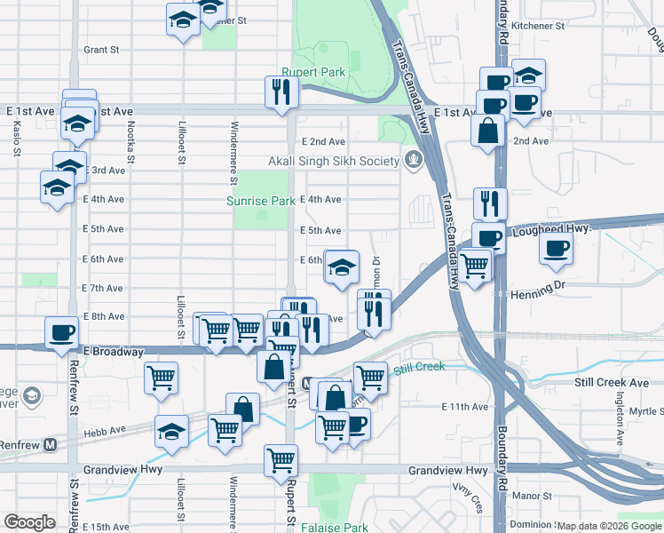 map of restaurants, bars, coffee shops, grocery stores, and more near 3372 East 6th Avenue in Vancouver