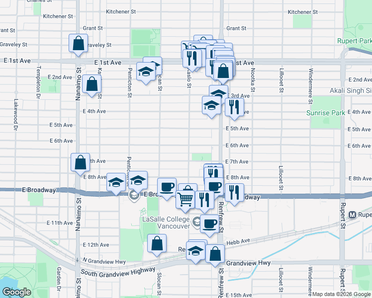 map of restaurants, bars, coffee shops, grocery stores, and more near 2225 Kaslo Street in Vancouver