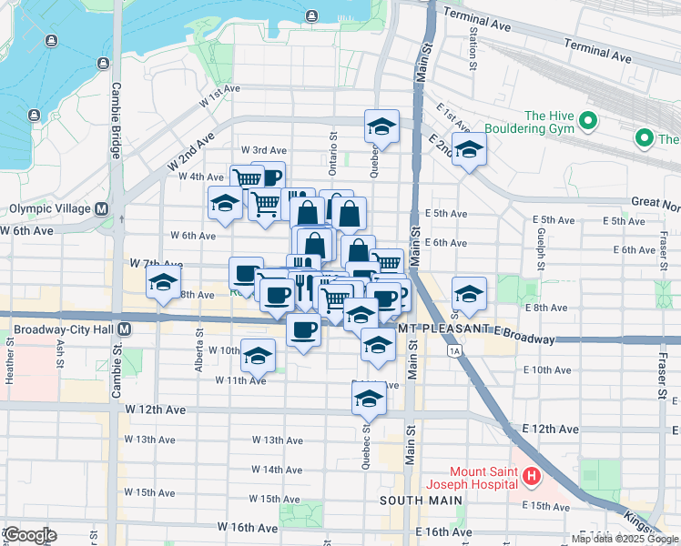 map of restaurants, bars, coffee shops, grocery stores, and more near 16 East 7th Avenue in Vancouver