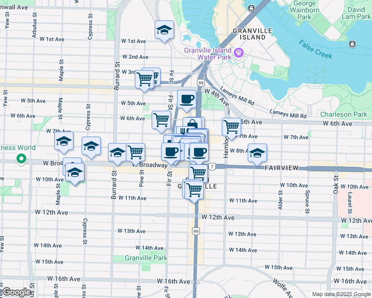 map of restaurants, bars, coffee shops, grocery stores, and more near 102-1525 West 8th Avenue in Vancouver