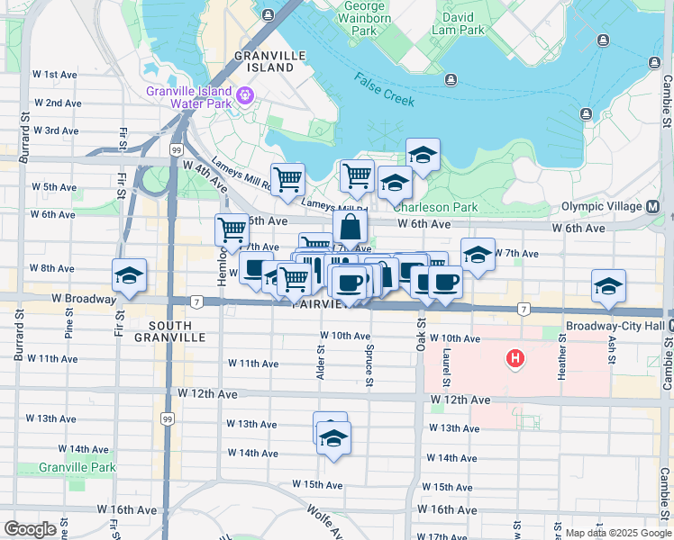 map of restaurants, bars, coffee shops, grocery stores, and more near 1173 West 8th Avenue in Vancouver