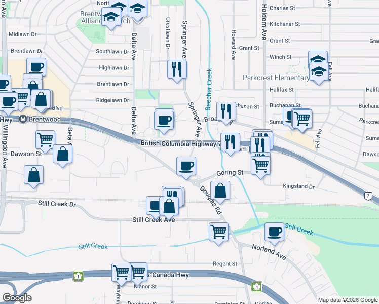 map of restaurants, bars, coffee shops, grocery stores, and more near 2135 Springer Avenue in Burnaby