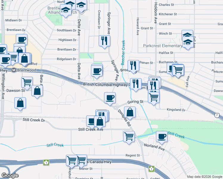 map of restaurants, bars, coffee shops, grocery stores, and more near in Burnaby