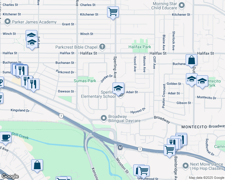 map of restaurants, bars, coffee shops, grocery stores, and more near 2163 Sperling Avenue in Burnaby