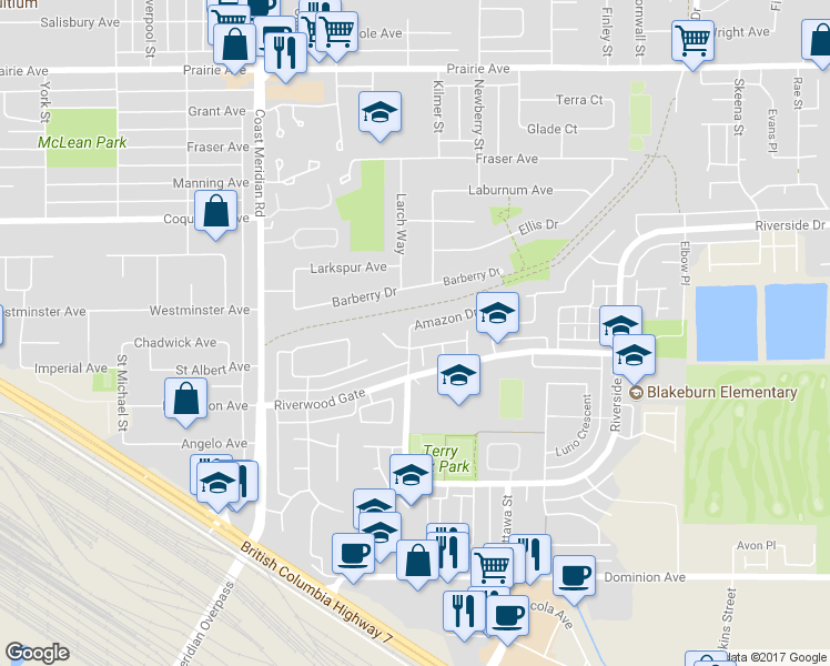 map of restaurants, bars, coffee shops, grocery stores, and more near 1272 Amazon Drive in Port Coquitlam