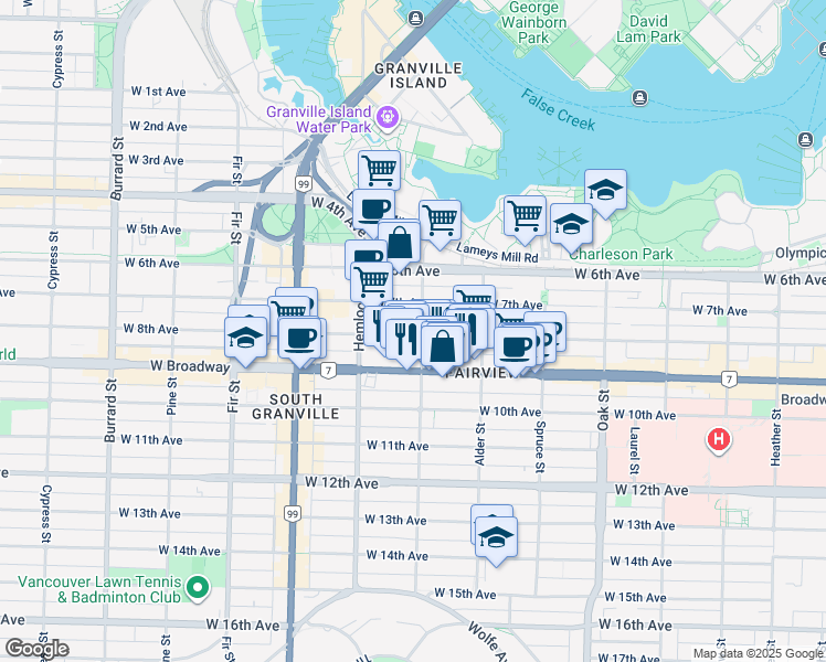 map of restaurants, bars, coffee shops, grocery stores, and more near 1305 West 8th Avenue in Vancouver