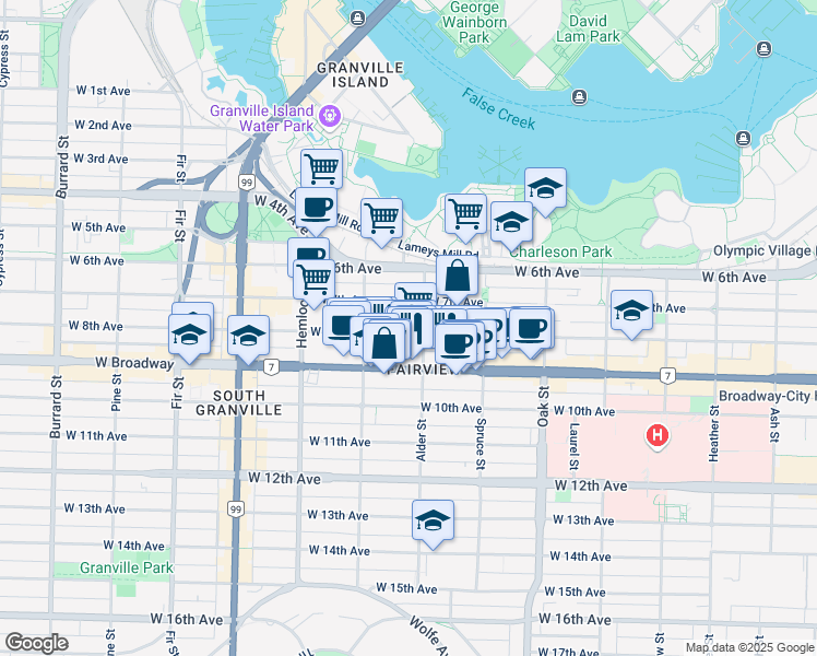 map of restaurants, bars, coffee shops, grocery stores, and more near 1223 West 8th Avenue in Vancouver