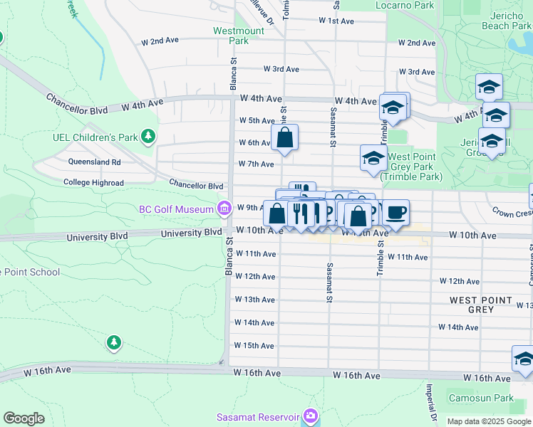 map of restaurants, bars, coffee shops, grocery stores, and more near 4626 West 9th Avenue in Vancouver