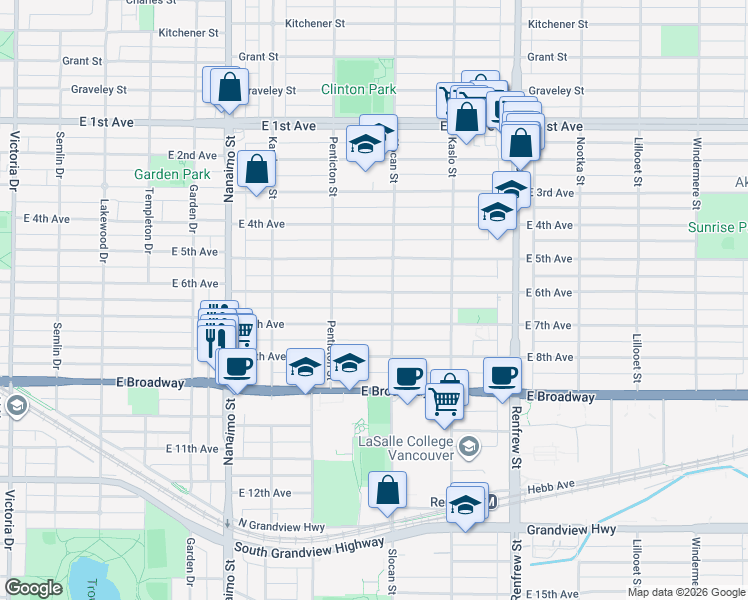 map of restaurants, bars, coffee shops, grocery stores, and more near 2672 East 6th Avenue in Vancouver