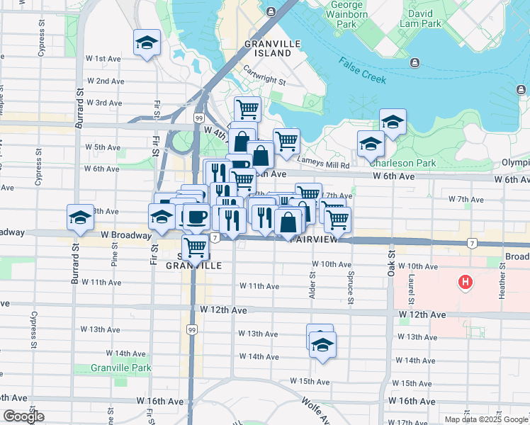 map of restaurants, bars, coffee shops, grocery stores, and more near 1319 West 8th Avenue in Vancouver