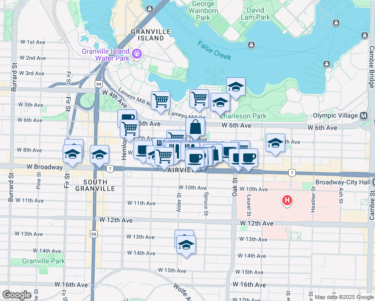 map of restaurants, bars, coffee shops, grocery stores, and more near 1173 West 8th Avenue in Vancouver