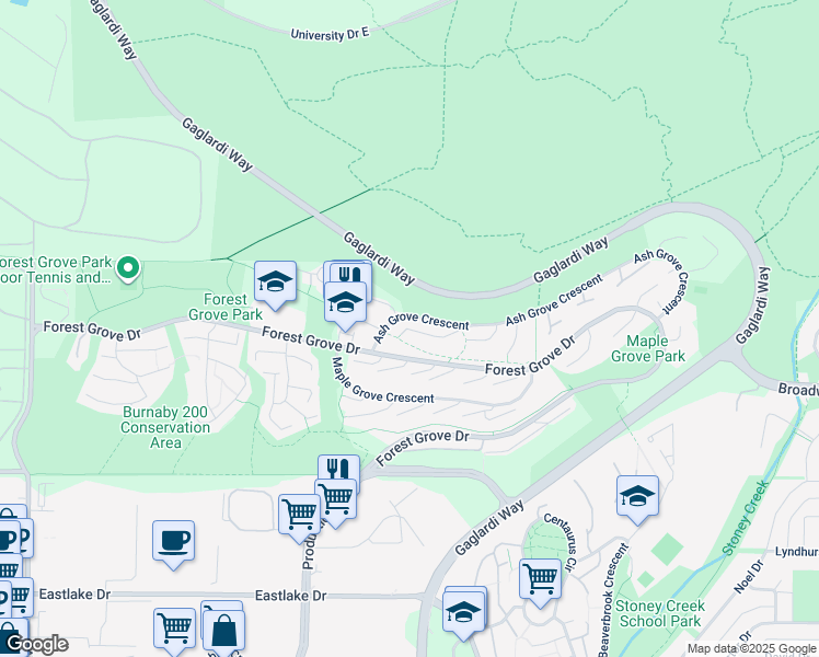 map of restaurants, bars, coffee shops, grocery stores, and more near 8885 Larkfield Drive in Burnaby