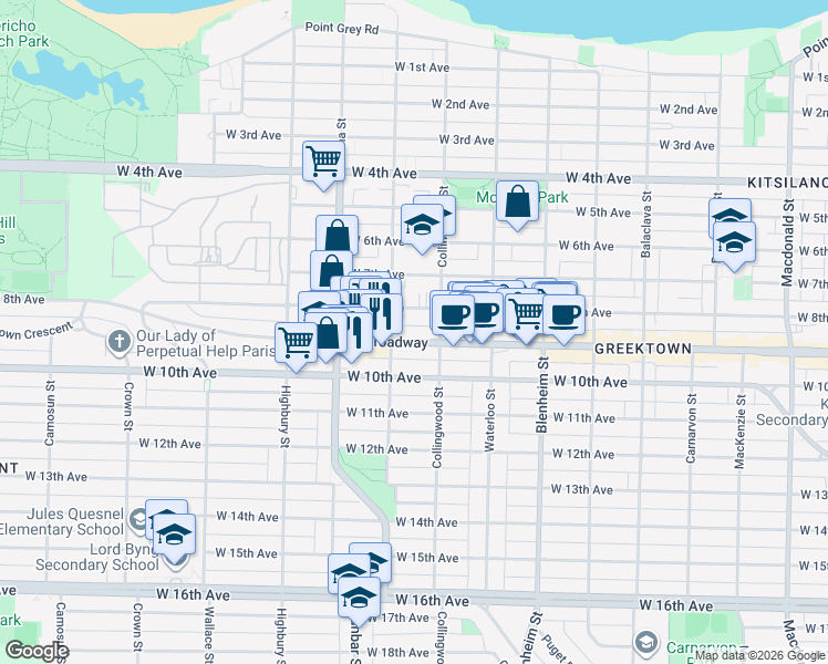 map of restaurants, bars, coffee shops, grocery stores, and more near 3575 West Broadway in Vancouver