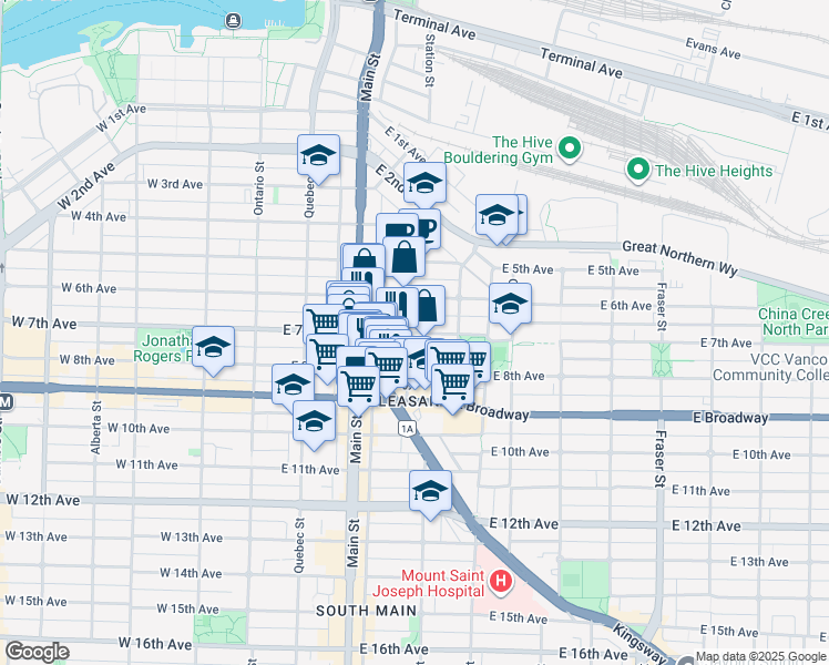 map of restaurants, bars, coffee shops, grocery stores, and more near 305 East 7th Avenue in Vancouver