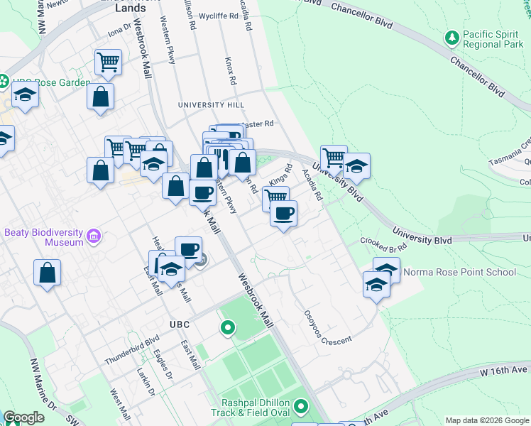 map of restaurants, bars, coffee shops, grocery stores, and more near 5740 Toronto Road in University Endowment Lands