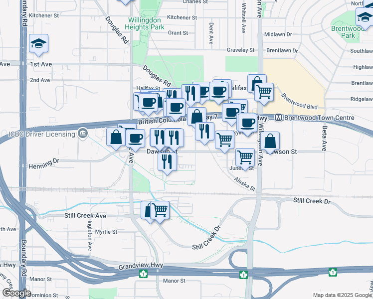 map of restaurants, bars, coffee shops, grocery stores, and more near in Burnaby