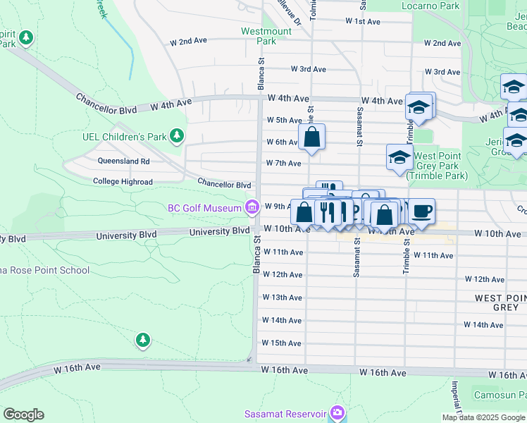 map of restaurants, bars, coffee shops, grocery stores, and more near 4690 West 9th Avenue in Vancouver