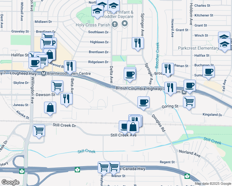 map of restaurants, bars, coffee shops, grocery stores, and more near in Burnaby
