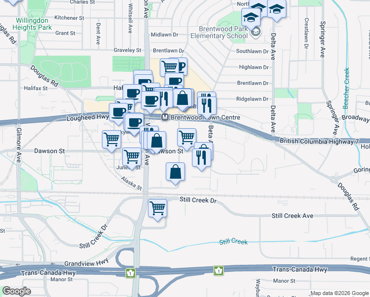 map of restaurants, bars, coffee shops, grocery stores, and more near 4649 Dawson Street in Burnaby