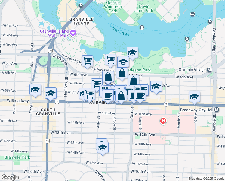 map of restaurants, bars, coffee shops, grocery stores, and more near in Vancouver