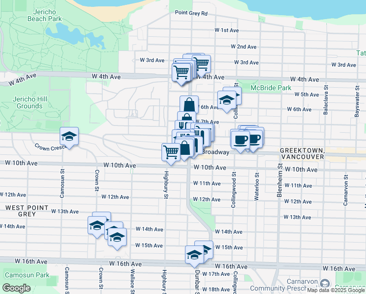 map of restaurants, bars, coffee shops, grocery stores, and more near in Vancouver